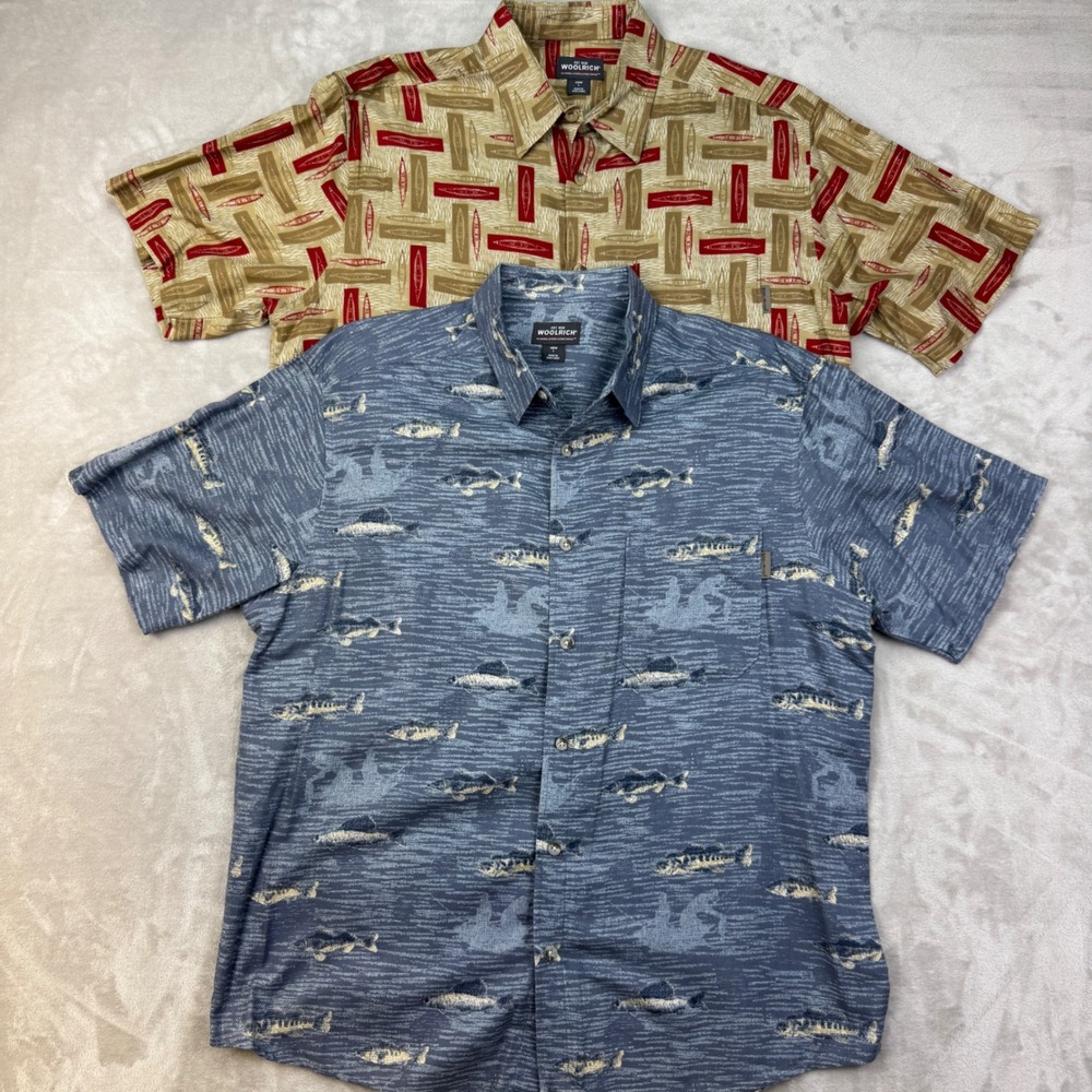 Vintage Woolrich Shirts Mens L Blue Tan Lot 2 Fish Kayek Classic Outdoor Casual